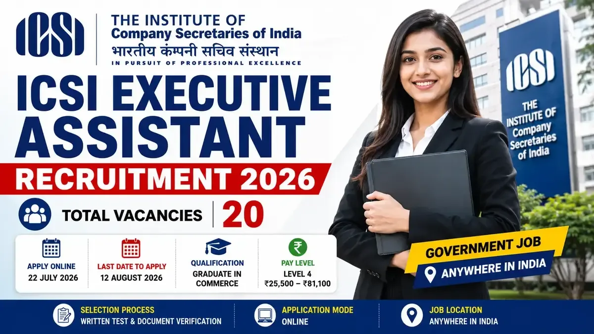 ICSI Executive Assistant Recruitment 2026 featuring 20 vacancies, eligibility, salary and online application details